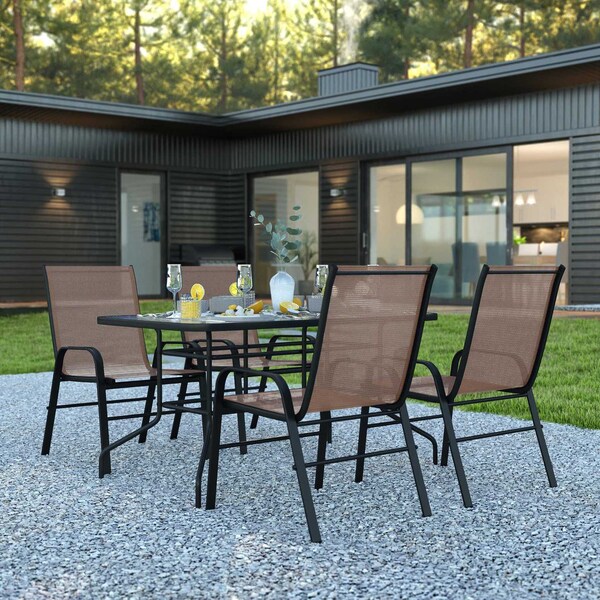 Flash Furniture 5PC Patio Set-55" Glass Table, 4 Brown Chairs TLH-089REC-303CBN4-GG - main